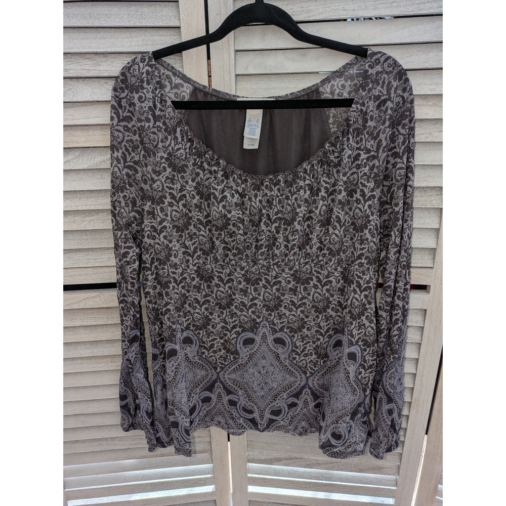 Lizwear Womens XL Grey Purple Paisley Floral Long Sleeve‎ Lined Blouse Top